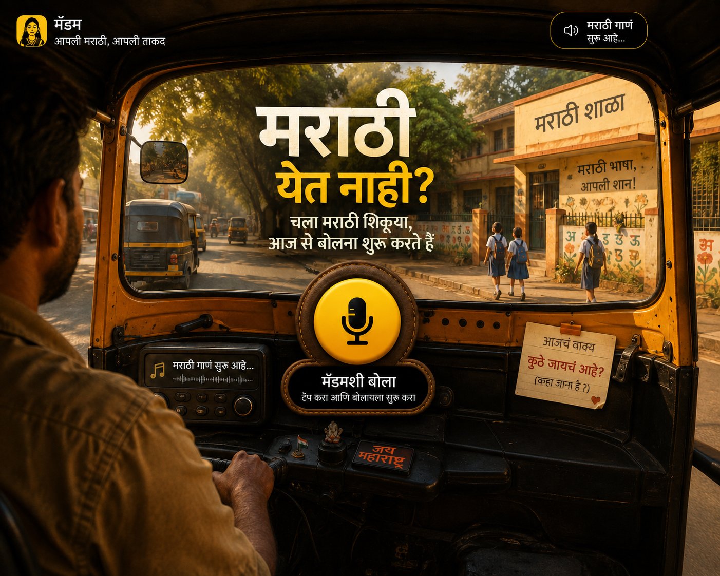 रिक्षा चालकाच्या जागेवरून दिसणारं दृश्य — समोर मराठी शाळा, डॅशबोर्डवर बोलण्याचं बटण